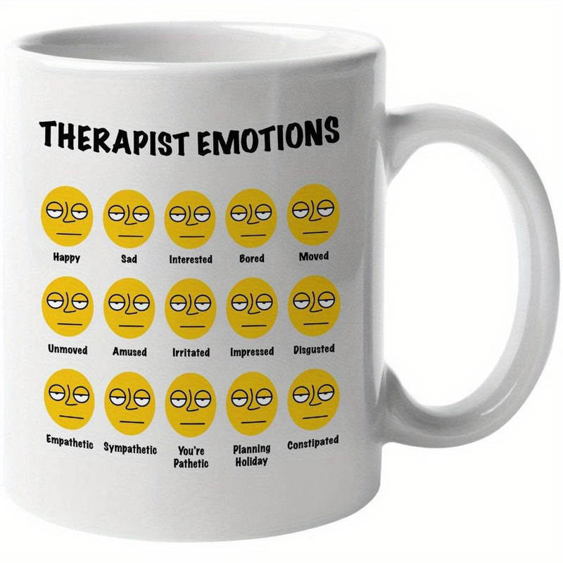 Tailorly White Ceramic 11 oz Mug - Therapist Emotions Multiple Identical Yellow Expressionless Faces Arranged In Grid Pattern Mug