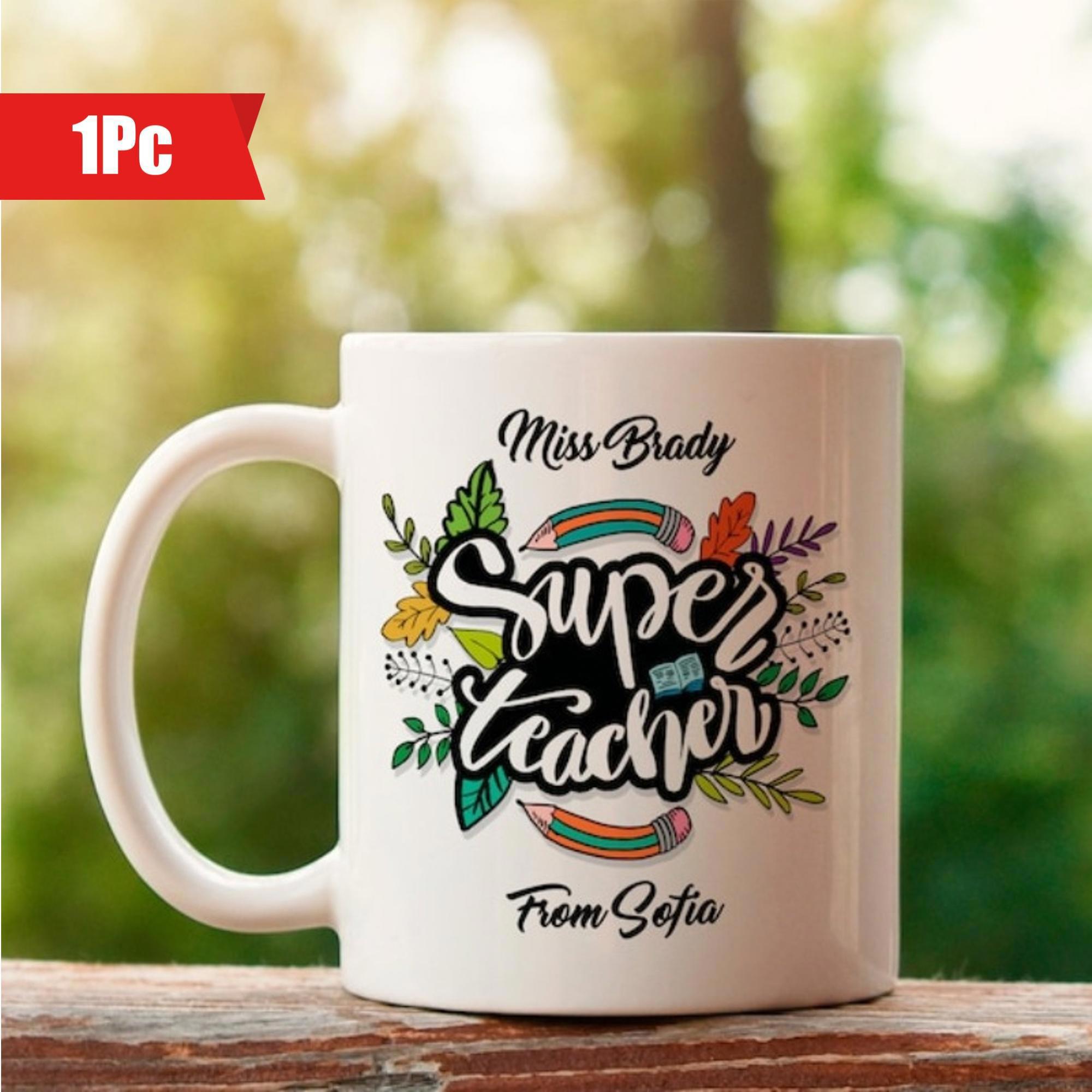 Tailorly White Ceramic 11 oz Mug - Miss Brady Super Teacher From Sofia Hand Drawn Colorful Leaves And Pencils Surrounding Artistic Script Lettering Ceramic Mug