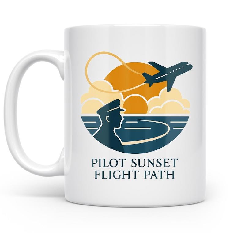 Tailorly White Ceramic 11 oz Mug - Pilot Sunset Flight Path Silhouette Airplane Soaring Above Golden Clouds And Horizon Pilot