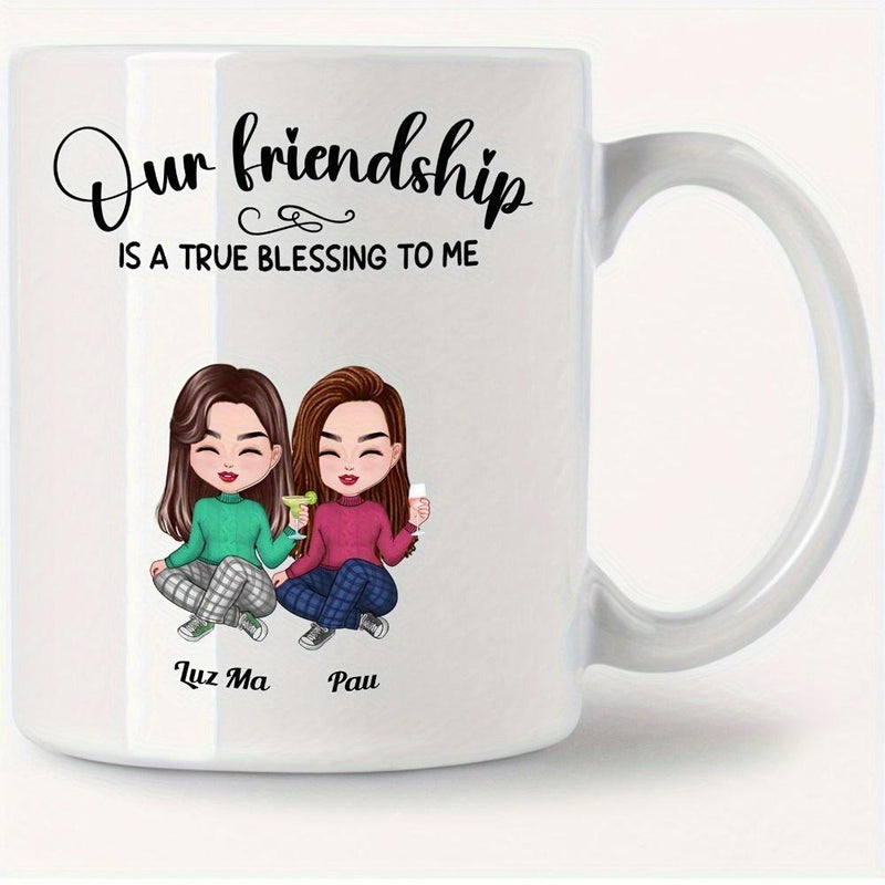 Tailorly White Ceramic 11 oz Mug - Our Friendship Is A True Blessing To Me Two Cheerful Cartoon Girls Sitting Together Sharing Drinks Celebrating Their Eternal