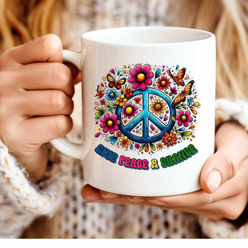 Tailorly White Ceramic 11 oz Mug - Love Peace Sunshine Vibrant Colorful Flowers And Butterflies Surrounding A Retro Blue Peace Sign