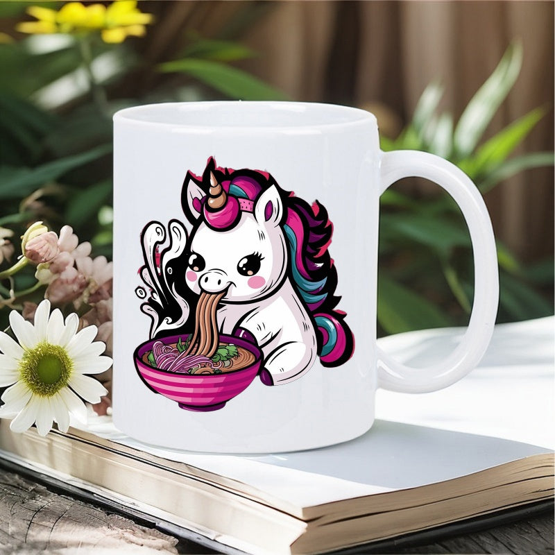 Tailorly White Ceramic 11 oz Mug - Cute White Unicorn With Colorful Mane Eating Delicious Japanese Ramen Noodles Unicorn