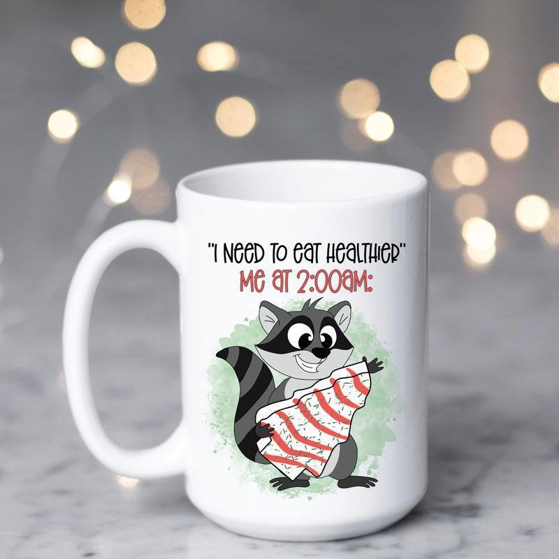 Tailorly White Ceramic 11 oz Mug - I Need To Eat Healthier Me At 200 Am Cute Cartoon Raccoon Eating A Large Slice Of Pizza With Pepperoni Raccoon