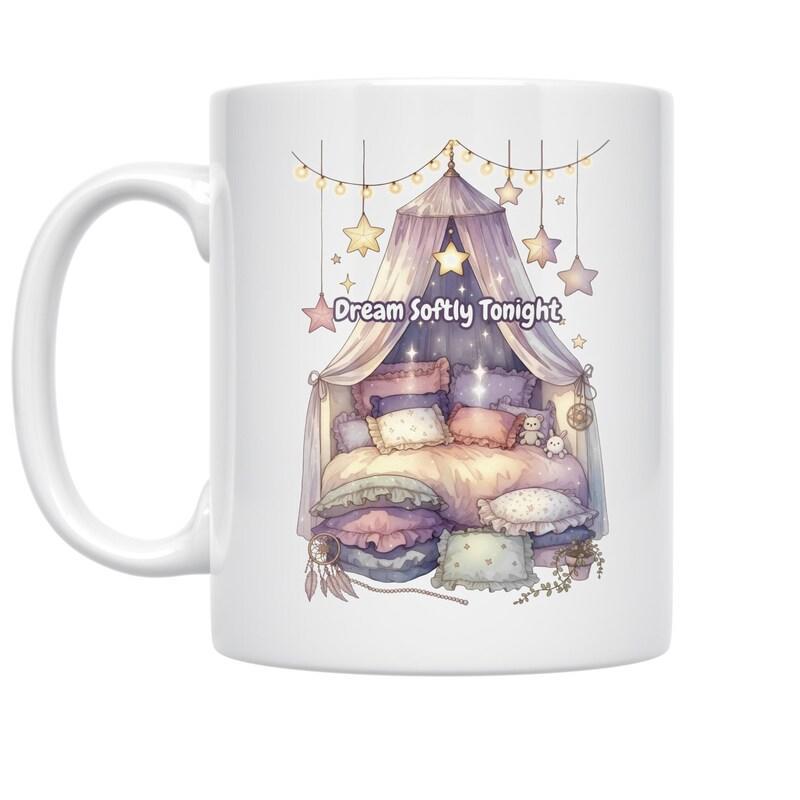Tailorly White Ceramic 11 oz Mug - Dream Softly Tonight Cozy Indoor Canopy With Hanging Stars Under Soft Glowing String Lights Tent