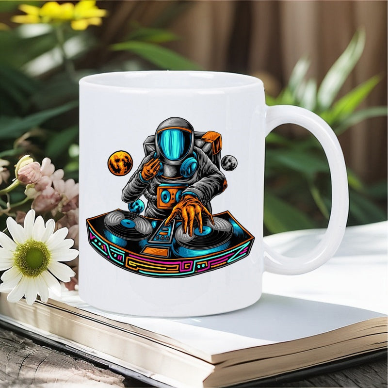 Tailorly White Ceramic 11 oz Mug - Cool Futuristic Spacesuit Figure Mixing Vinyl Records On Turntable Deck Astronaut
