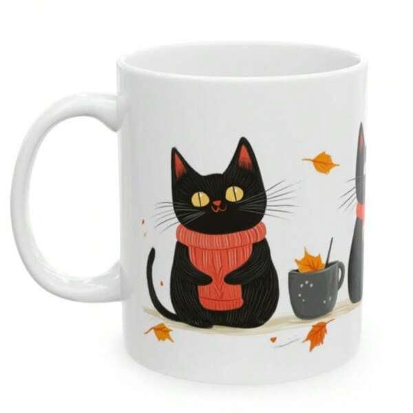 Tailorly White Ceramic 11 oz Mug - Adorable Black Kitten Wearing Red Scarf With Falling Autumn Leaves Cat
