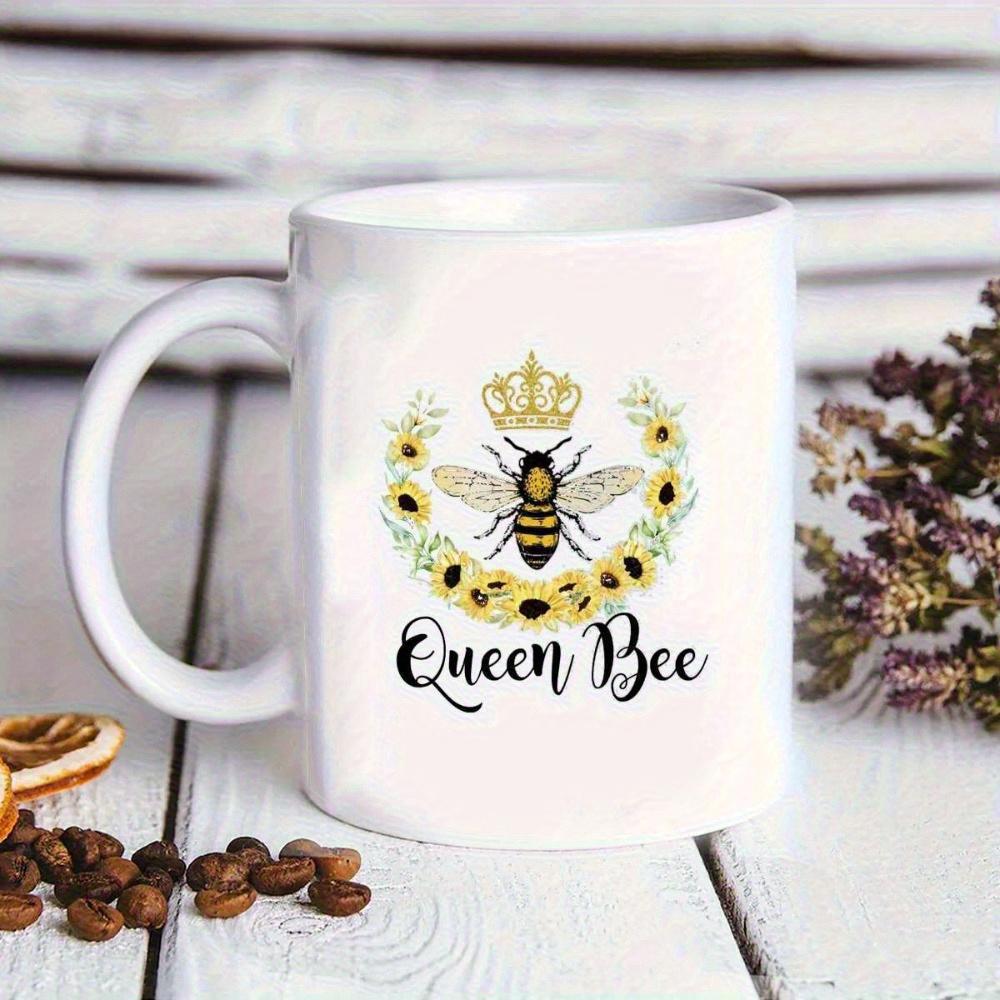 Tailorly White Ceramic 11 oz Mug - Queen Bee Elegant Honeybee Wearing Golden Crown Amidst Yellow Sunflower Wreath Bee
