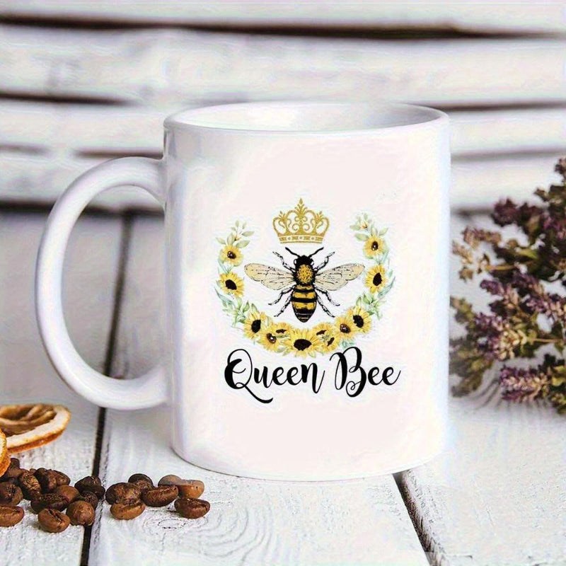 Tailorly White Ceramic 11 oz Mug - Queen Bee Elegant Honeybee Wearing Golden Crown Amidst Yellow Sunflower Wreath Bee