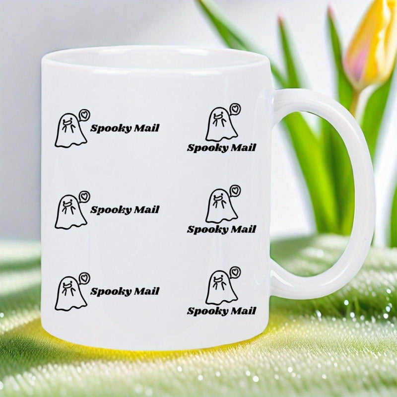 Tailorly White Ceramic 11 oz Mug - Spooky Mail Minimalist Cartoon Ghost Icons Floating With Small Notification Bubbles Ghost