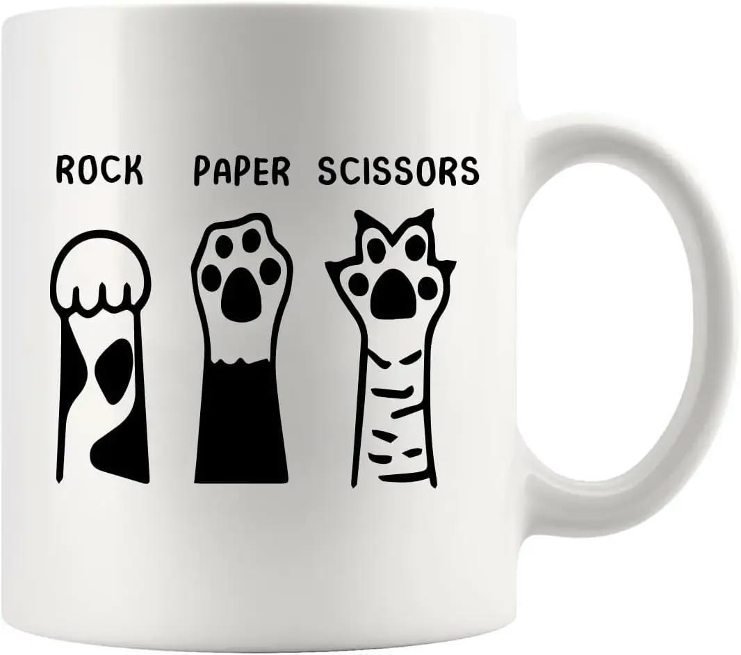 Tailorly White Ceramic 11 oz Mug - Rock Paper Scissors Three Stylized Cat Paws Representing Hand Gestures For Games Cat Paw