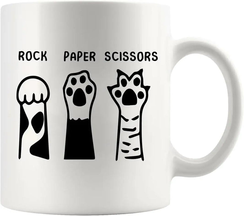 Tailorly White Ceramic 11 oz Mug - Rock Paper Scissors Three Stylized Cat Paws Representing Hand Gestures For Games Cat Paw