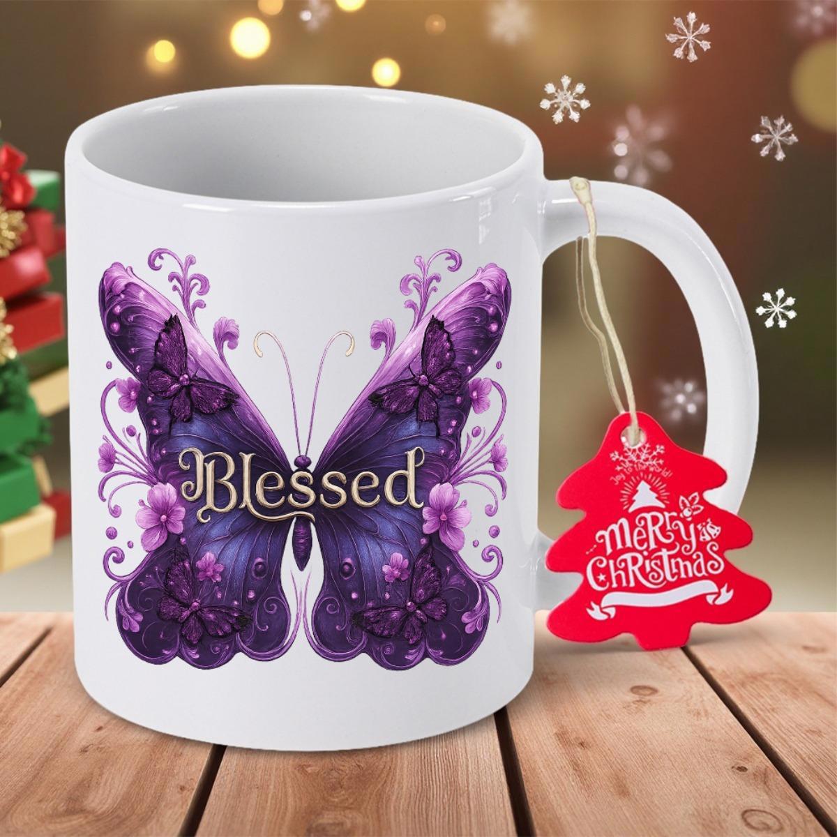 Tailorly White Ceramic 11 oz Mug - Blessed Ornate Purple Butterfly With Elegant Filigree Patterns And Swirling Wings Butterfly
