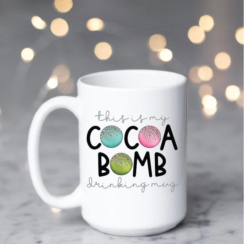 Tailorly White Ceramic 11 oz Mug - This Is My Cocoa Bomb Drinking Mug Three Colorful Textured Decorative Spheres With Sprinkles Sitting Centrally Mug