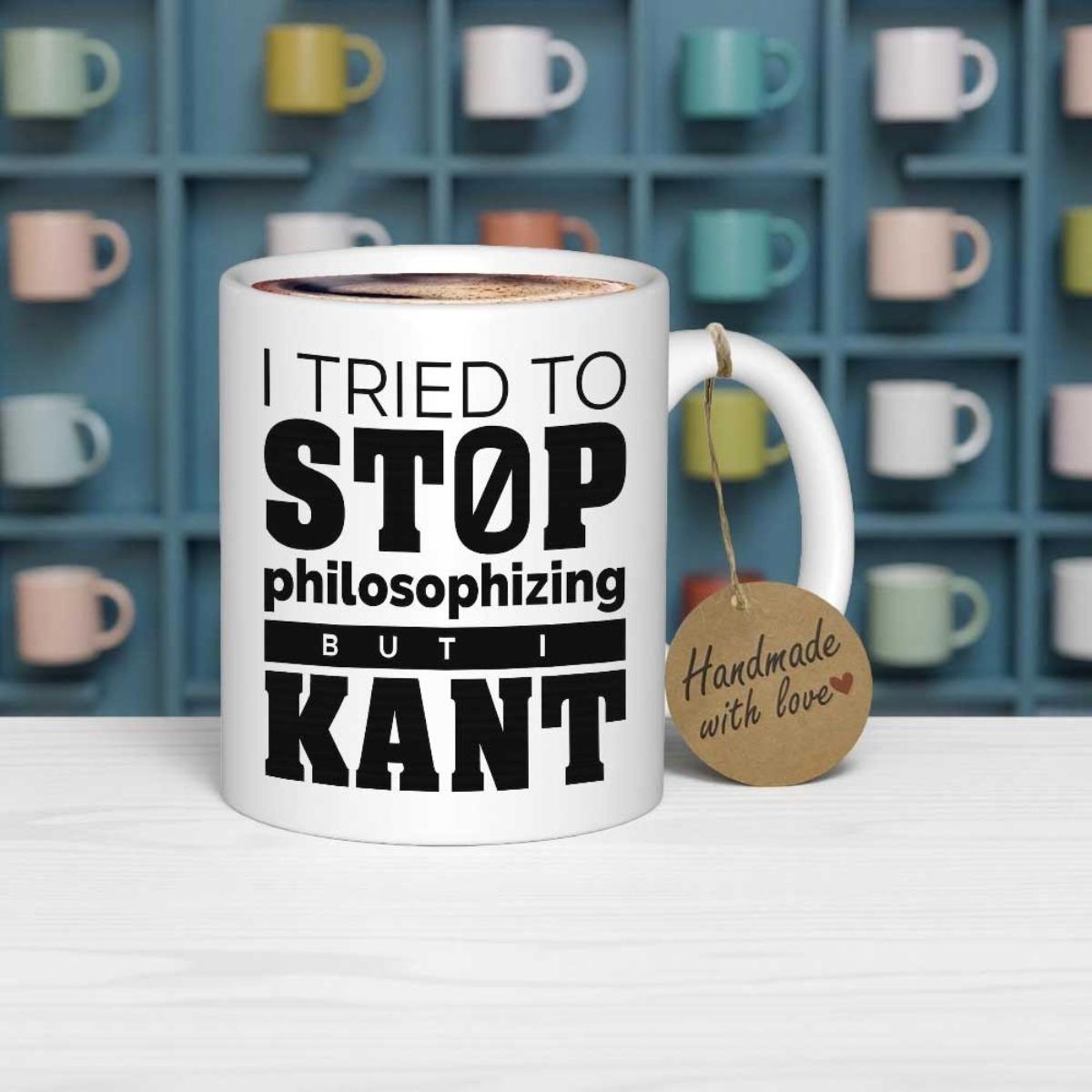 Tailorly White Ceramic 11 oz Mug - I Tried To Stop Philosophizing But I Kant Clean White Ceramic Vessel Resting On Wooden Surface Mug