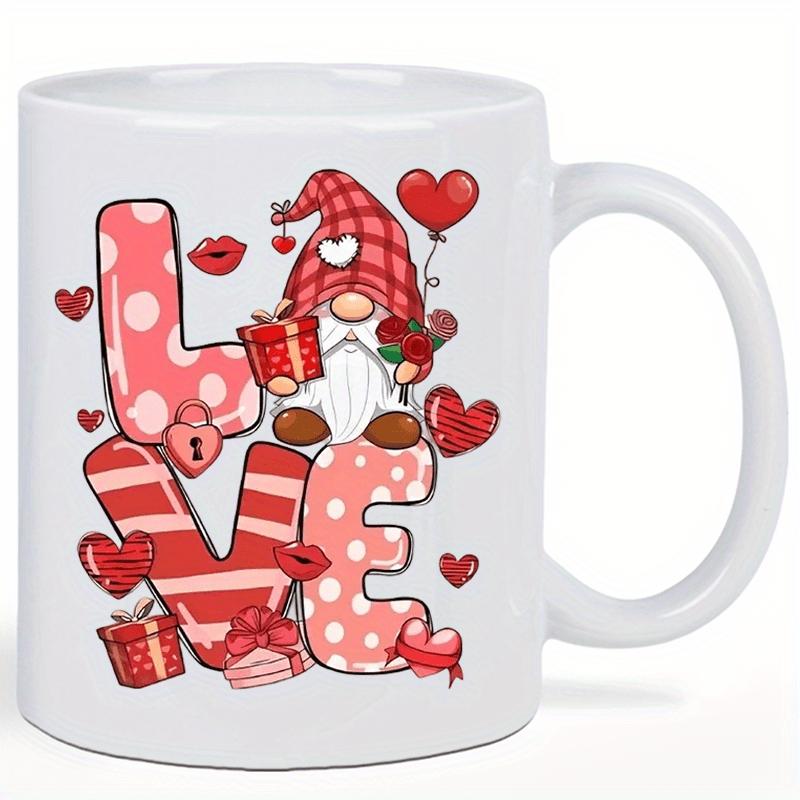 Tailorly White Ceramic 11 oz Mug - Love Festive Red Plaid Hat Holding Flowers And Gifts Among Hearts Gnome