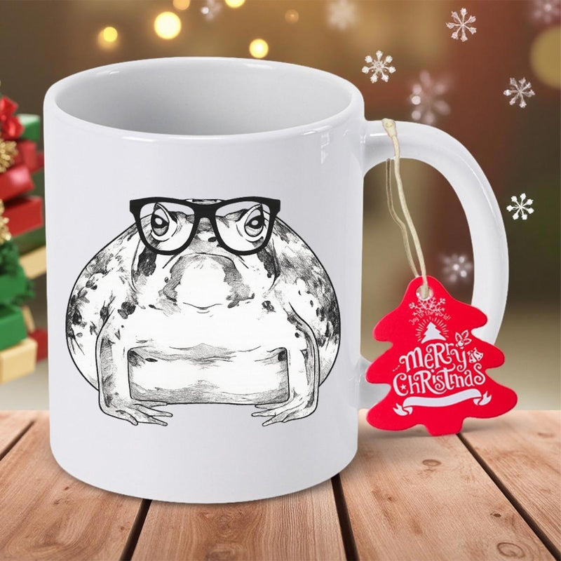 Tailorly White Ceramic 11 oz Mug - Stylized Grumpy Face Wearing Thick Black Rimmed Spectacles With Detailed Skin Texture Toad