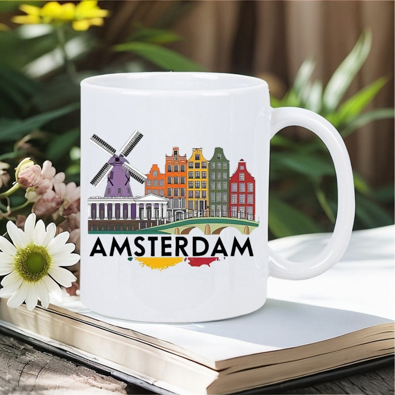 Tailorly White Ceramic 11 oz Mug - Amsterdam Colorful Dutch Canal Houses Beside Traditional Windmill And Quaint Bridge Skyline