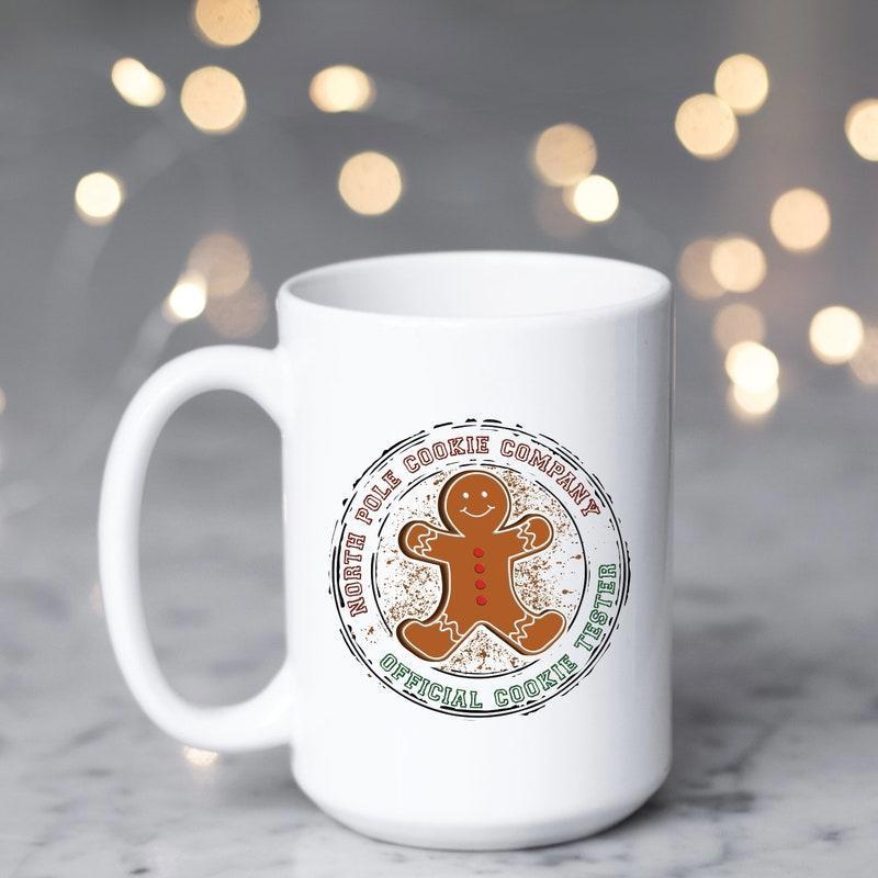 Tailorly White Ceramic 11 oz Mug - North Pole Cookie Company Official Cookie Tester Vintage Distressed Circular Stamp With Smiling Festive Holiday Gingerbread Man