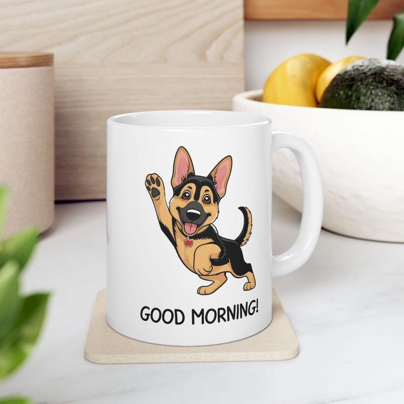 Tailorly White Ceramic 11 oz Mug - Good Morning Playful Cartoon Puppy Waving Its Paw With A Happy Smile German Shepherd