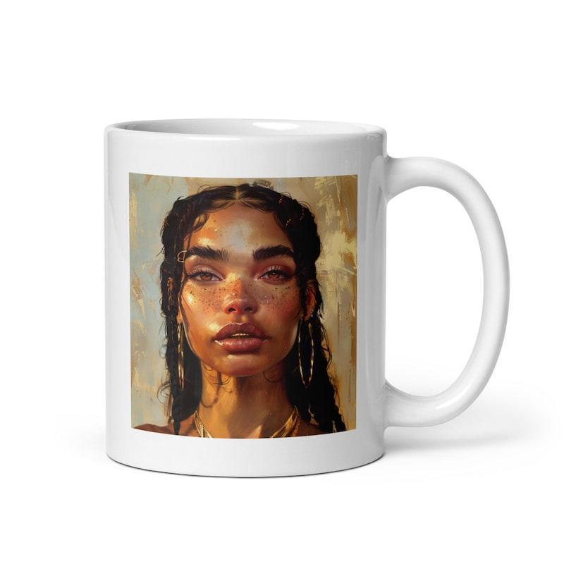 Tailorly White Ceramic 11 oz Mug - Golden Light Shining On Artistic Painting Of Graceful Young Woman
