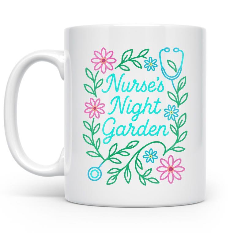 Tailorly White Ceramic 11 oz Mug - Nurses Night Garden Colorful Blooming Vines With Delicate Pink Blossoms And Medical Stethoscope Flowers