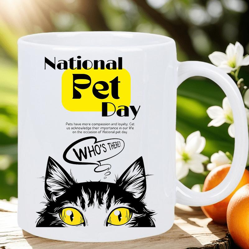 Tailorly White Ceramic 11 oz Mug - National Pet Day Who Is There Peeking Black And White Feline With Striking Glowing Yellow Eyes Curious Cat
