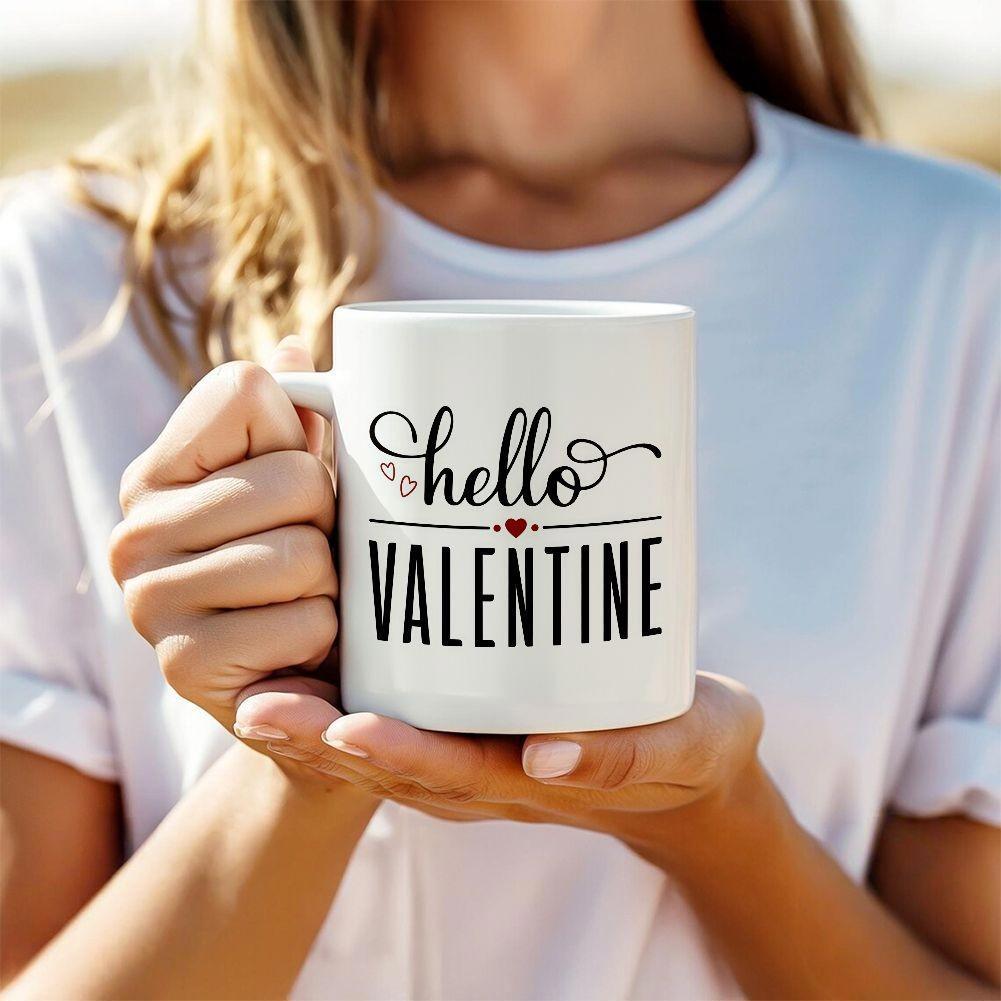 Tailorly White Ceramic 11 oz Mug - Hello Valentine Minimalist Script Design With Tiny Hearts And Elegant Linear Frame Heart