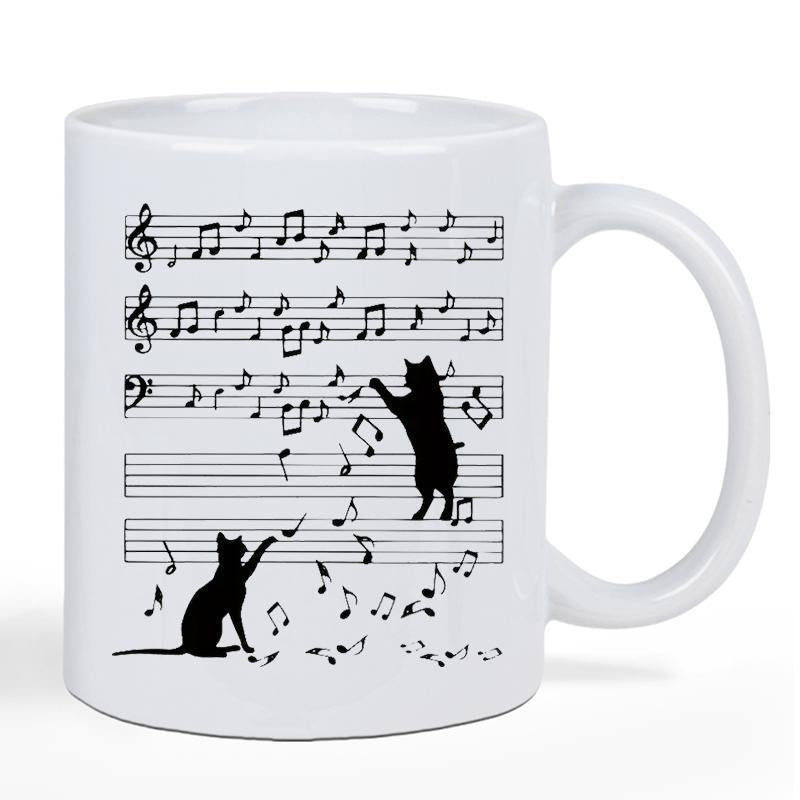 Tailorly White Ceramic 11 oz Mug - Artistic Musical Staff With Playful Silhouettes Dancing Among Floating Notes Cat