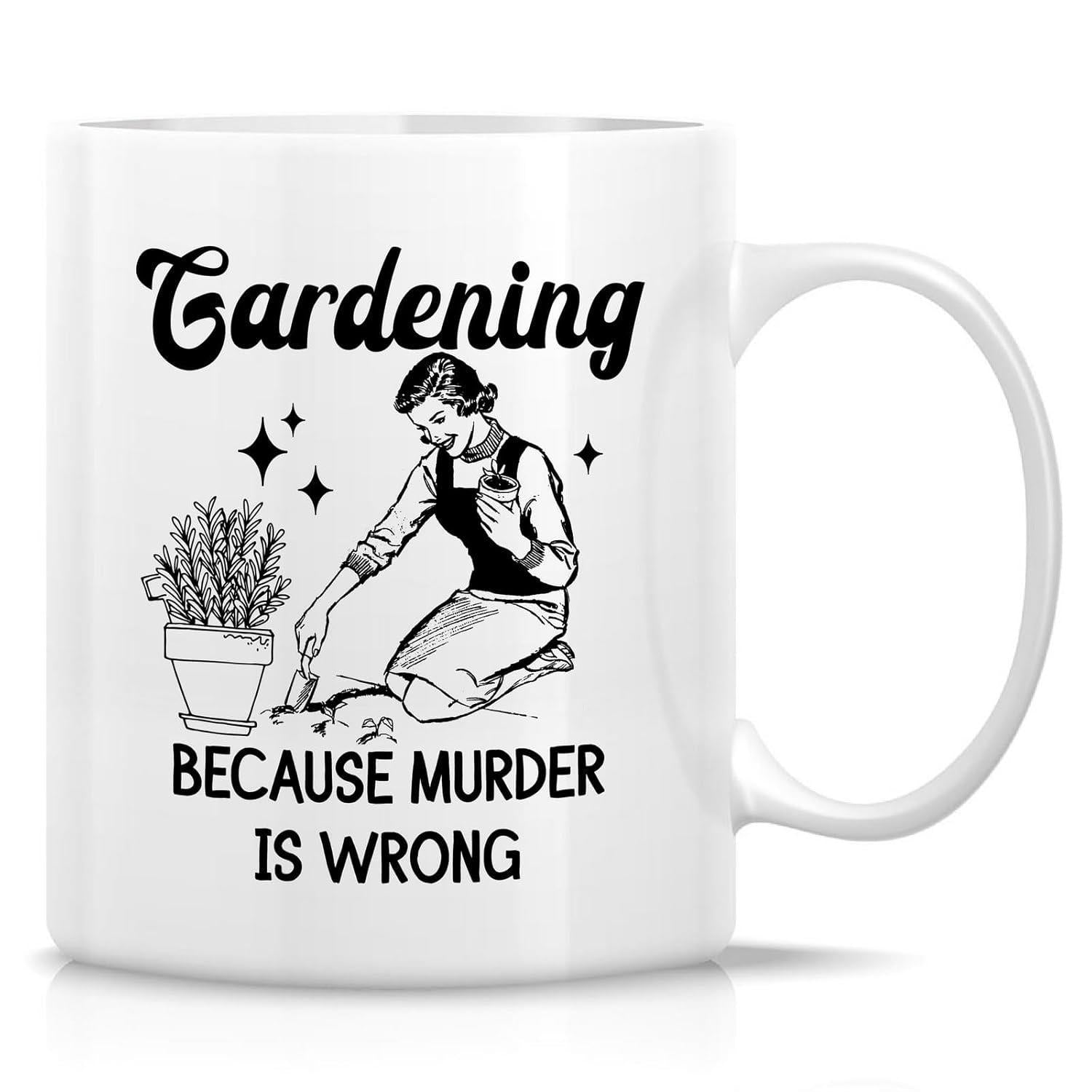 Tailorly White Ceramic 11 oz Mug - Gardening Because Murder Is Wrong Vintage Illustration Of Lady Tending To Potted Plant Under Sparkling Stars Woman
