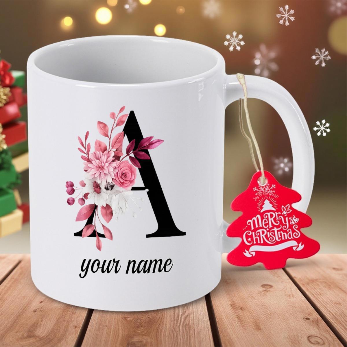 Tailorly White Ceramic 11 oz Mug - Your Name Merry Christmas Elegant Monogram Surrounded By Pink Blooming Petals And Soft Green Leaves Letter