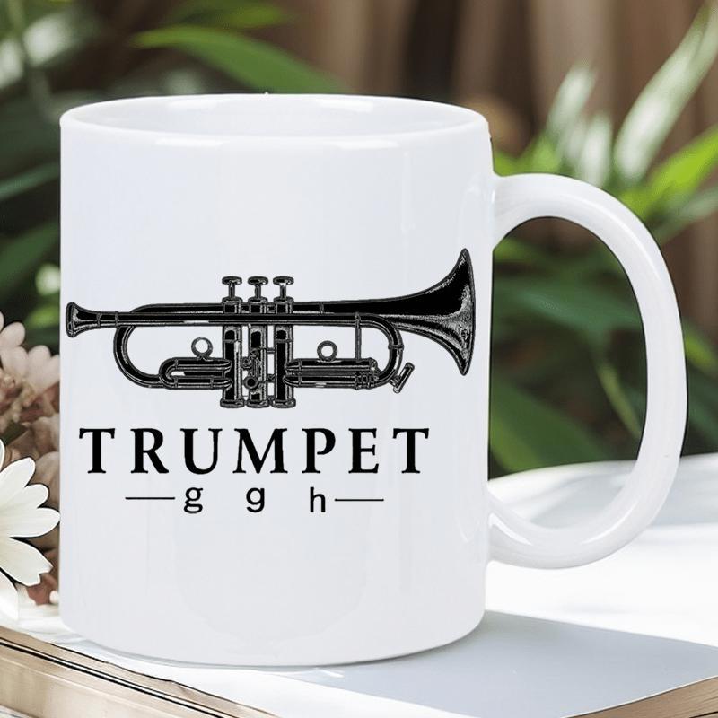Tailorly White Ceramic 11 oz Mug - Trumpet Ggh Elegant Black Line Art Depicting A Classic Brass Musical Instrument Trumpet