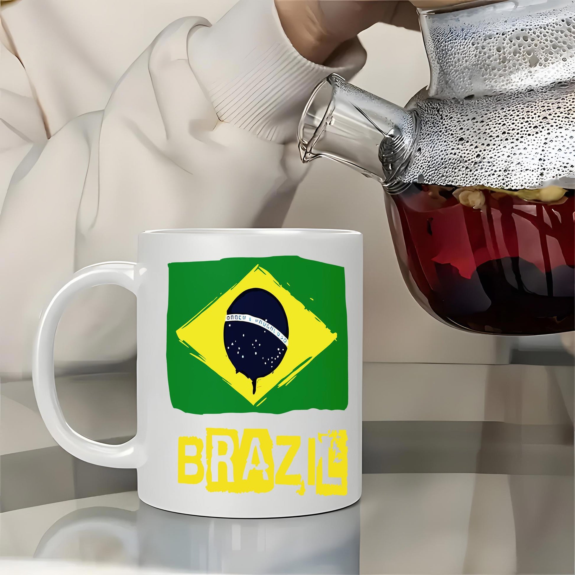 Tailorly White Ceramic 11 oz Mug - Brazil Distressed National Flag Featuring Vibrant Green And Yellow Artistic Colors Flag