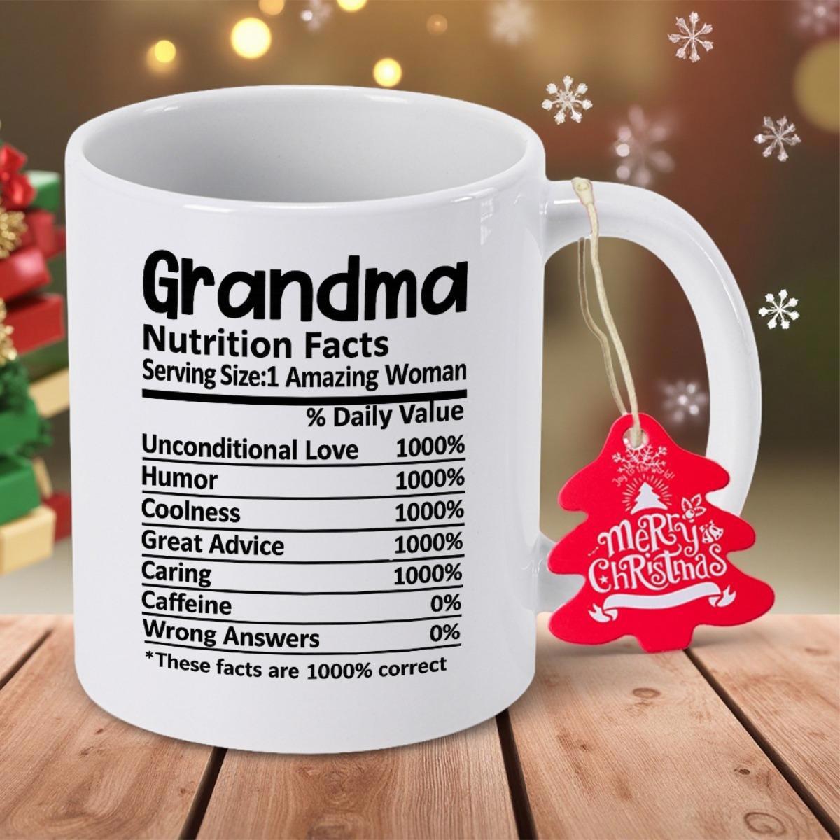 Tailorly White Ceramic 11 oz Mug - Grandma Nutrition Facts Merry Christmas Classic White Ceramic Material Printed With Bold Black Typographic Elements Mug