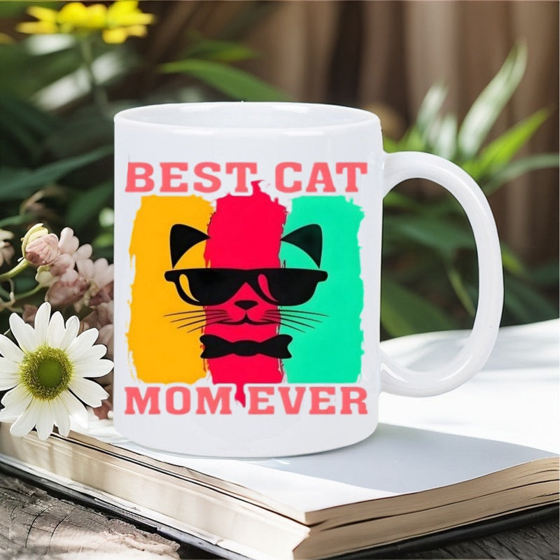 Tailorly White Ceramic 11 oz Mug - Best Cat Mom Ever Cool Black Sunglasses And Bowtie Over Vibrant Colorful Vertical Paint Strokes Cat