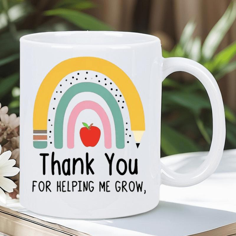 Tailorly White Ceramic 11 oz Mug - Thank You For Helping Me Grow Colorful Hand Drawn Pencil Arc Featuring Small Red Apple Minimalist Rainbow