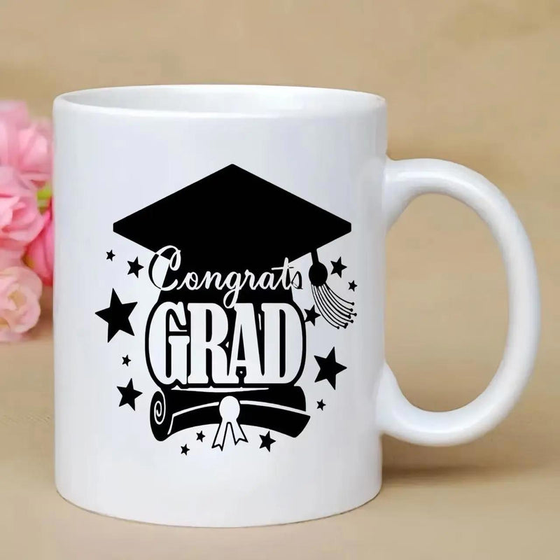 Tailorly White Ceramic 11 oz Mug - Congrats Grad Classic Black Mortarboard Featuring Tassel Above Diploma Scroll Among Tiny Stars Cap