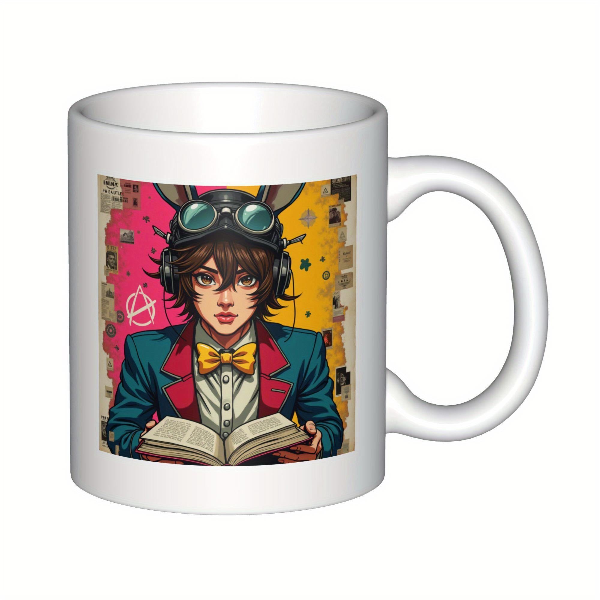Tailorly White Ceramic 11 oz Mug - Anime Character Wearing Steampunk Goggles Reading A Book In Vibrant Colors