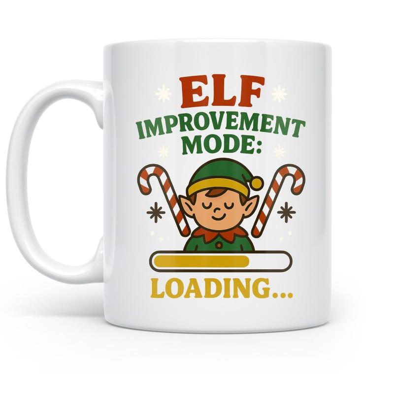 Tailorly White Ceramic 11 oz Mug - Elf Improvement Mode Loading Festive Cartoon Character With Candy Canes And Loading Bar Elf