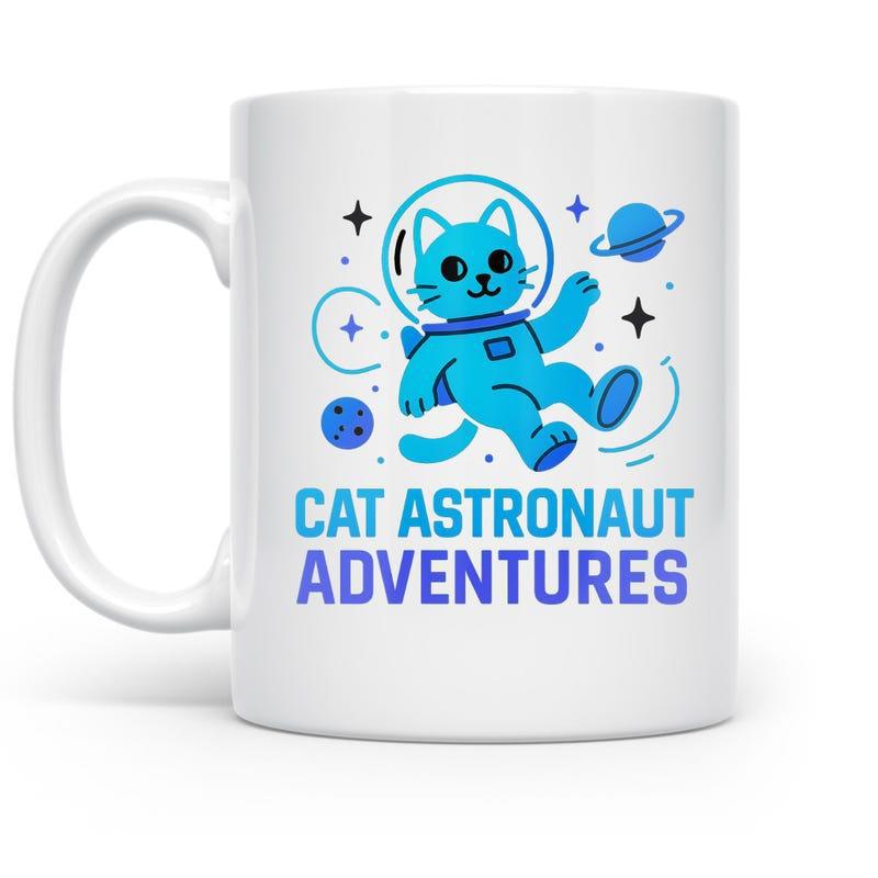 Tailorly White Ceramic 11 oz Mug - Cat Astronaut Adventures Floating In Outer Space Among Twinkling Stars And Glowing Planets Cat