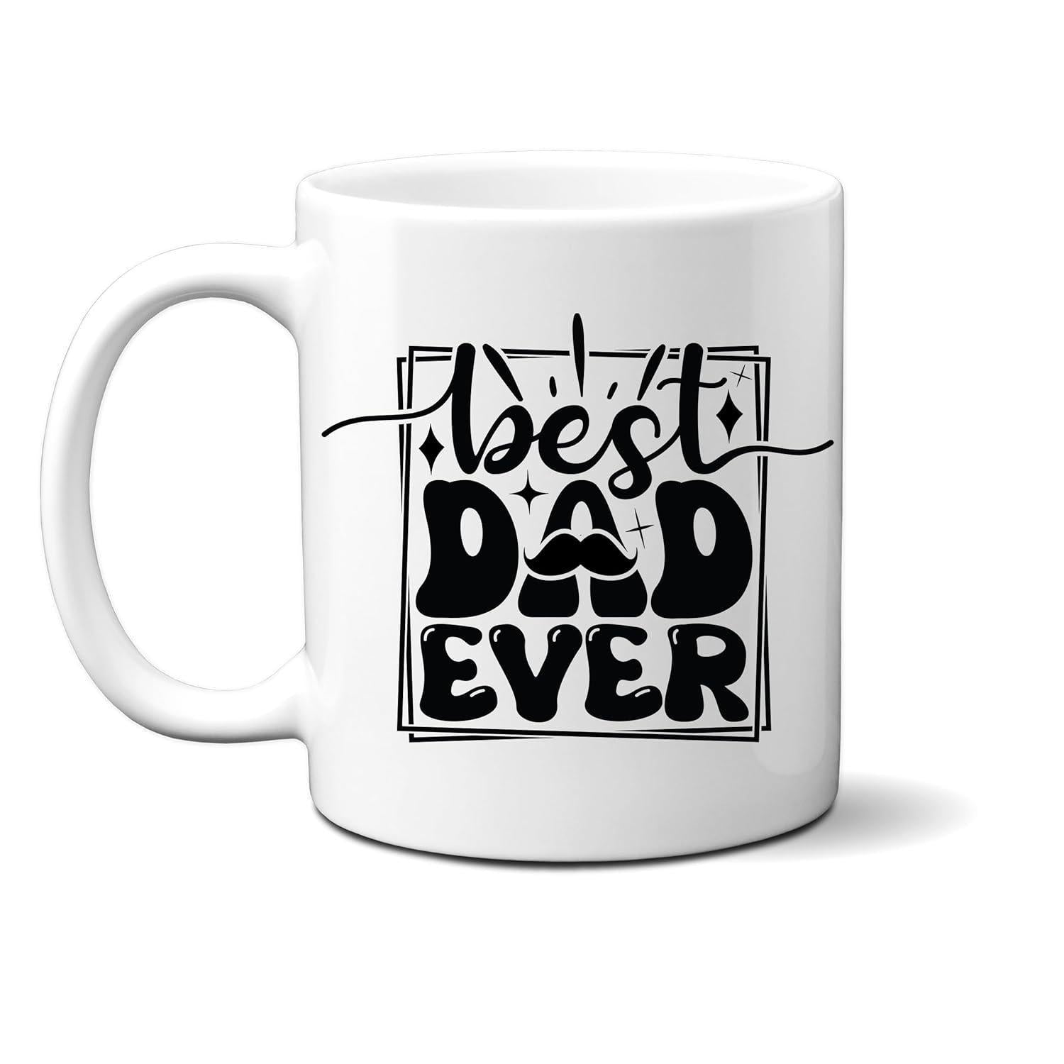 Tailorly White Ceramic 11 oz Mug - Best Dad Ever Retro Bold Text Inside Square Frame With Swirls And Small Stars Mustache