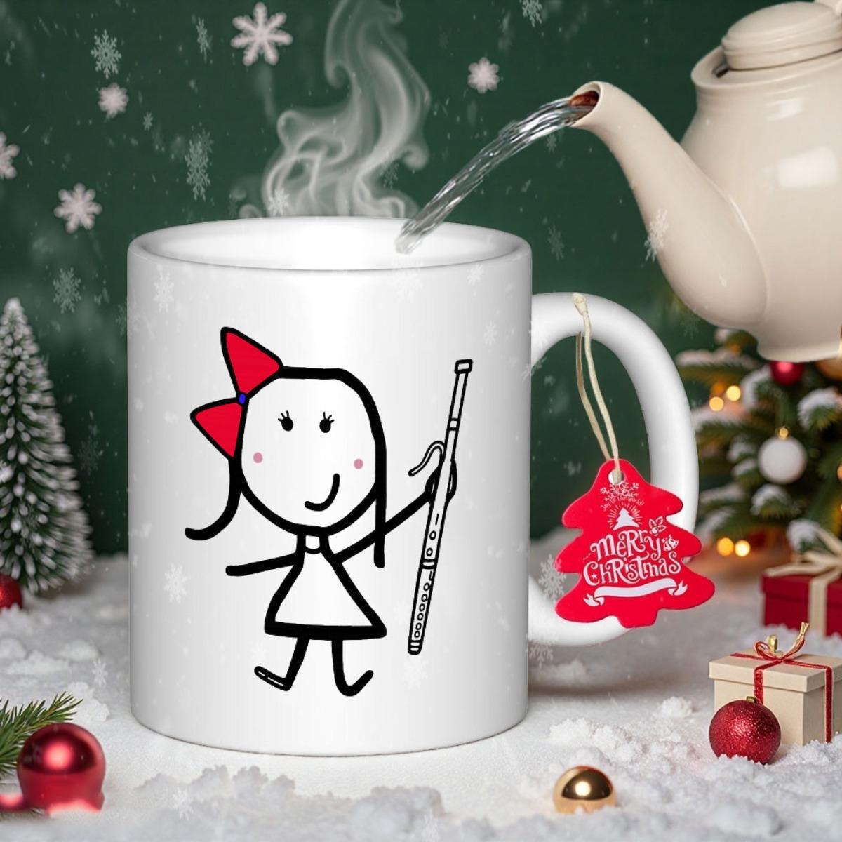 Tailorly White Ceramic 11 oz Mug - Simple Hand Drawn Sketch Of Cheerful Girl Holding A Long Musical Flutist