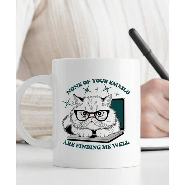 Tailorly White Ceramic 11 oz Mug - None Of Your Emails Are Finding Me Well Grumpy Fluffy White Cat Wearing Glasses Sitting Behind A Small Laptop Cat