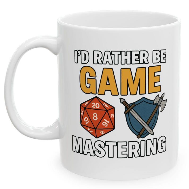 Tailorly White Ceramic 11 oz Mug - Id Rather Be Game Mastering Red Polyhedral Twenty Sided Die And Fantasy Battle Shield Mug