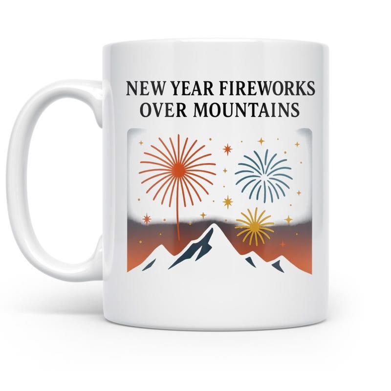 Tailorly White Ceramic 11 oz Mug - New Year Fireworks Over Mountains Sparkling Colorful Pyrotechnic Display Glowing Over Majestic Snow Capped Winter Peaks Mountain
