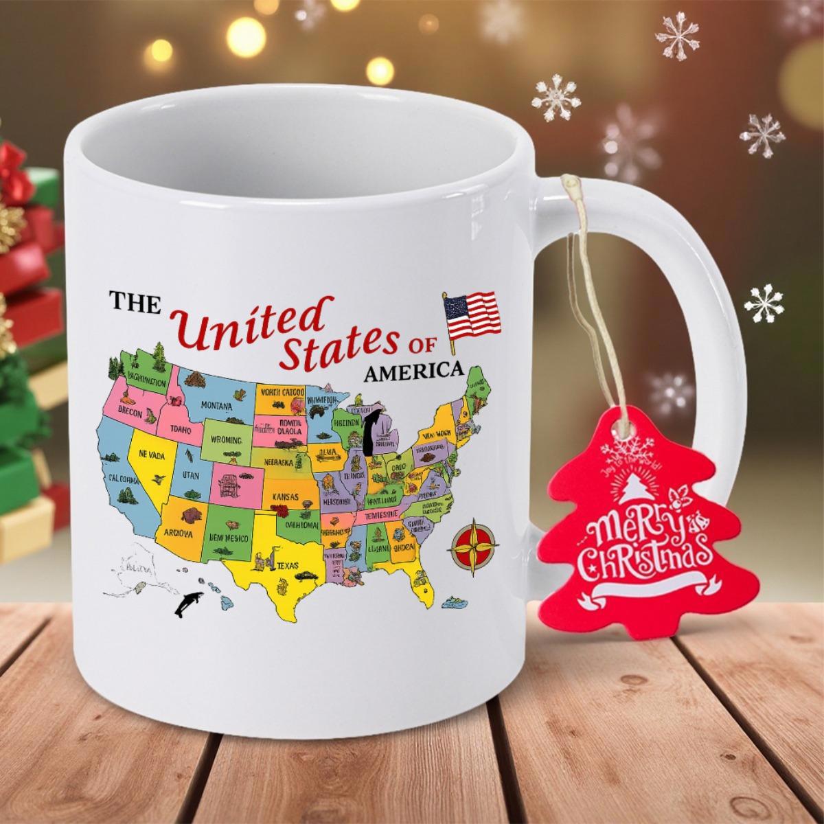 Tailorly White Ceramic 11 oz Mug - The United States Of America Colorful Detailed Geographic Map With State Borders And National Flag Map
