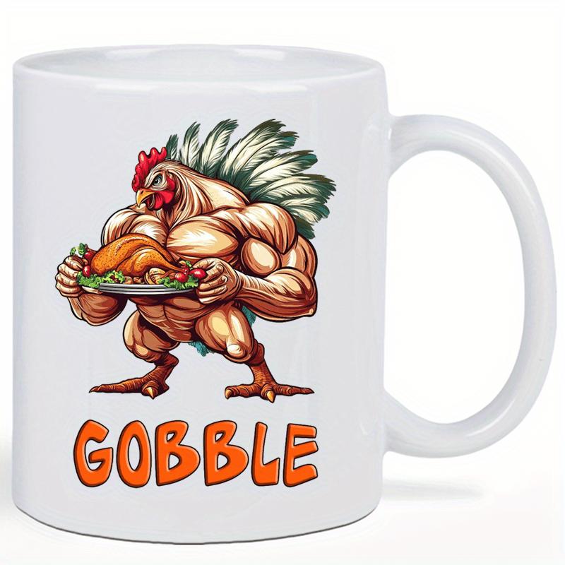 Tailorly White Ceramic 11 oz Mug - Gobble Powerful Muscular Bodybuilder Bird Holding Roasted Thanksgiving Platter Turkey
