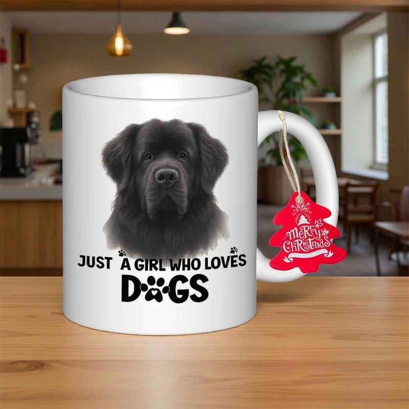 Tailorly White Ceramic 11 oz Mug - Just A Girl Who Loves Dogs Majestic Black Newfoundland Dog Portrait With Fluffy Fur And Paw Prints Dog