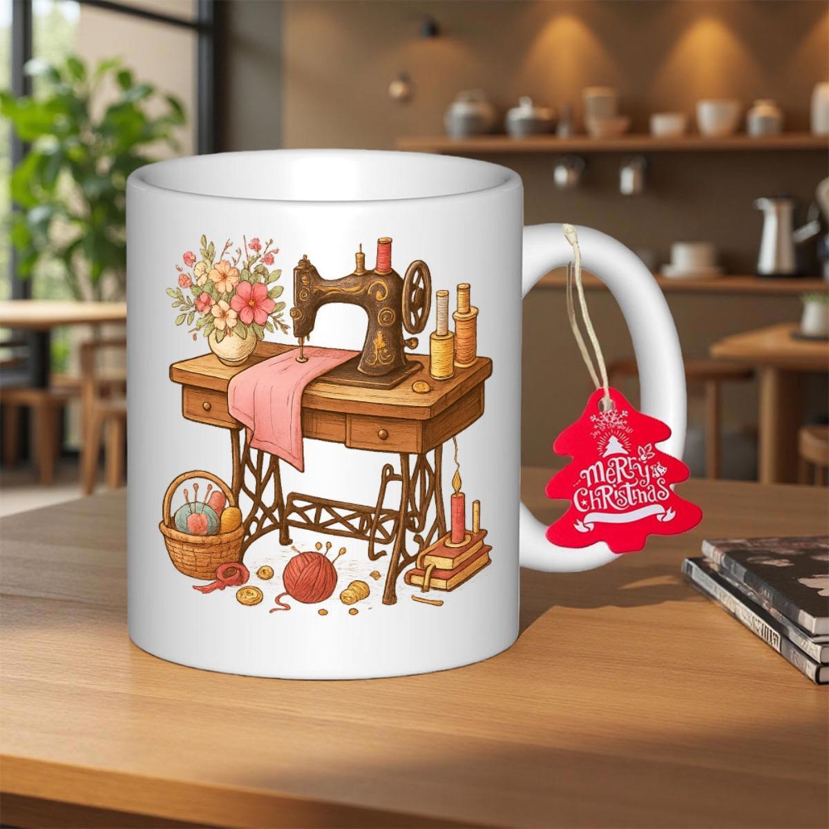 Tailorly White Ceramic 11 oz Mug - Merry Christmas Antique Desk With Pink Fabric And Beautiful Vibrant Spring Floral Arrangement Sewing Machine