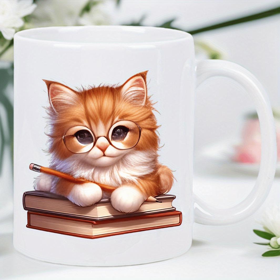 Tailorly White Ceramic 11 oz Mug - Adorable Ginger Kitten Wearing Glasses Resting On Stacks Of Books Cat