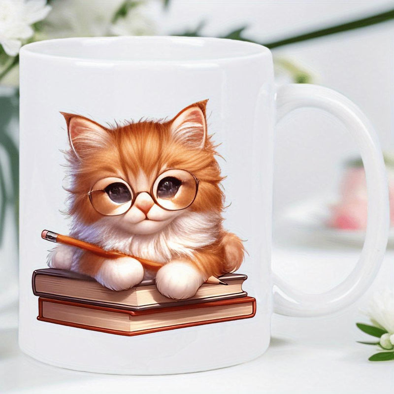 Tailorly White Ceramic 11 oz Mug - Adorable Ginger Kitten Wearing Glasses Resting On Stacks Of Books Cat